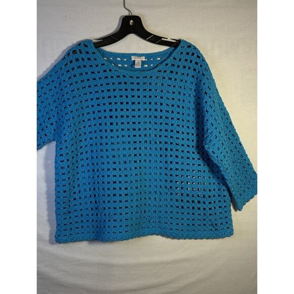 Chicos Sweater Size 3 Blue Crochet 3/4 Sleeve Large Cable Square Pattern boxy - Picture 1 of 6